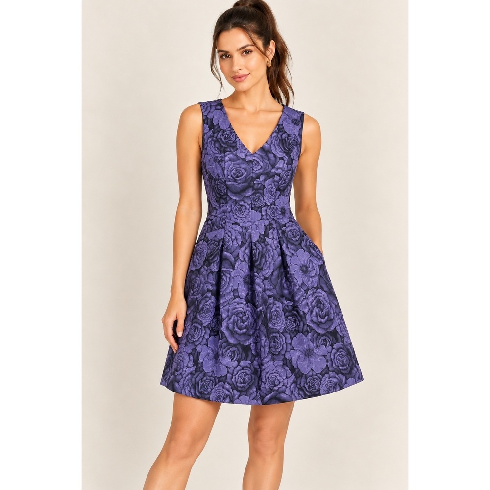 "Lauren" Ralph Lauren Dress Sz 6 Purple Floral Rose Jacquard Fit Flare Cocktail